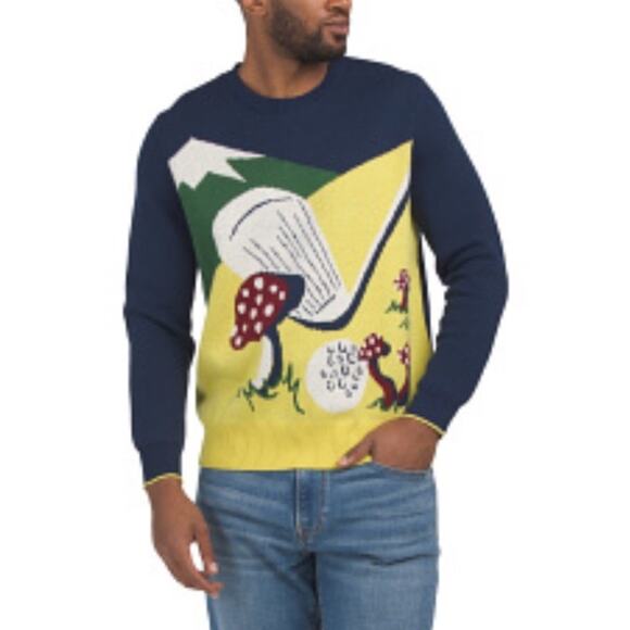 Bonobos XL Men’s Golf Mushroom Sweater Blue Yellow Wool Alpaca Blend Pullover - Picture 1 of 10